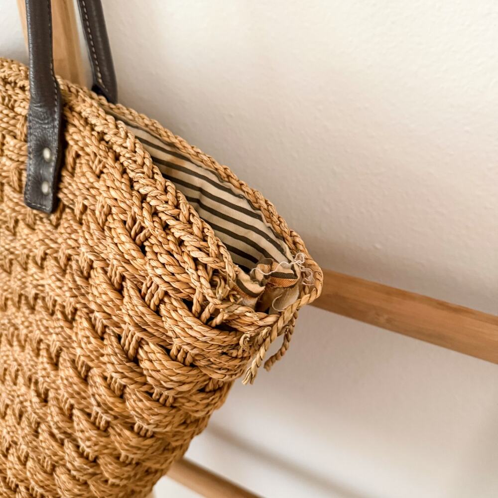 J.Crew Woven Straw Tote Bag Brown Leather Handles Large Beach Market Basket - Picture 3 of 13